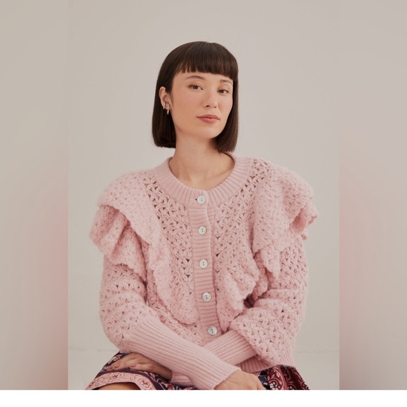 Farm Rio Pink Ruffle Knit Button-Front Sweater - Picture 4 of 7